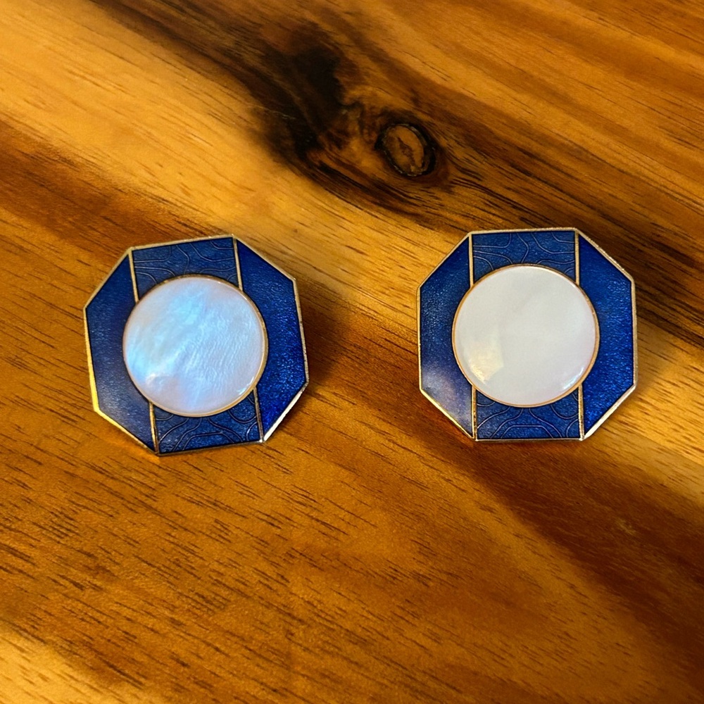 Isle of Skye Blue Enamel and Mother of Pearl Scottish Clip Earrings